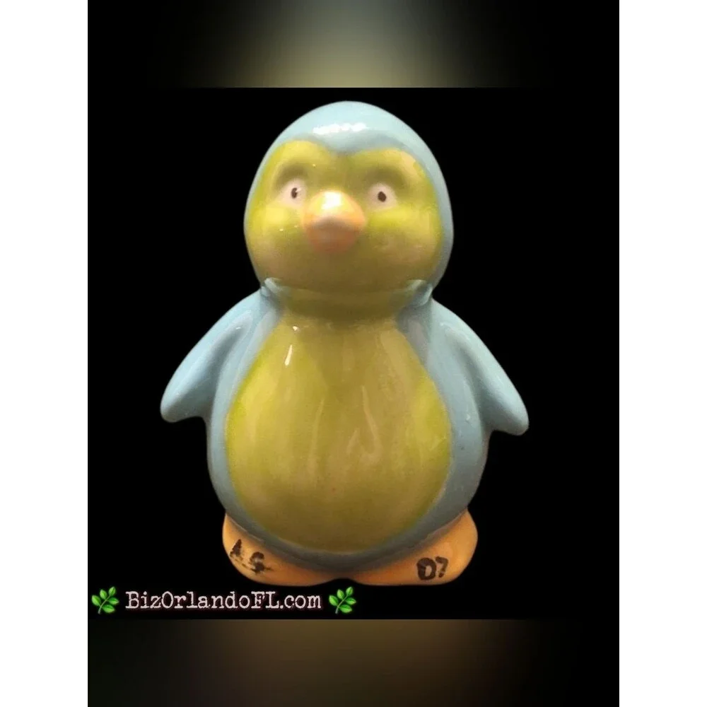 VINTAGE Handpainted Ceramic Pastel Penguin Spring / Summer Home Decor Signed HTF